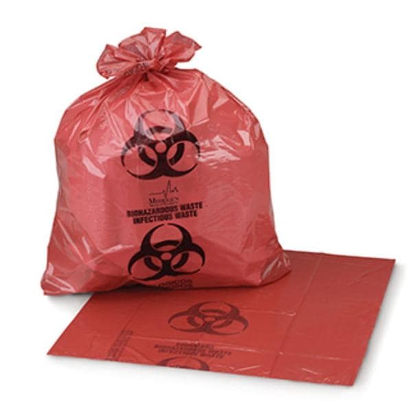 Biohazard Bag 1-2/10mil 24x24" Red/Black Star Seal/Twist Tie Closure LDPE 500/CA