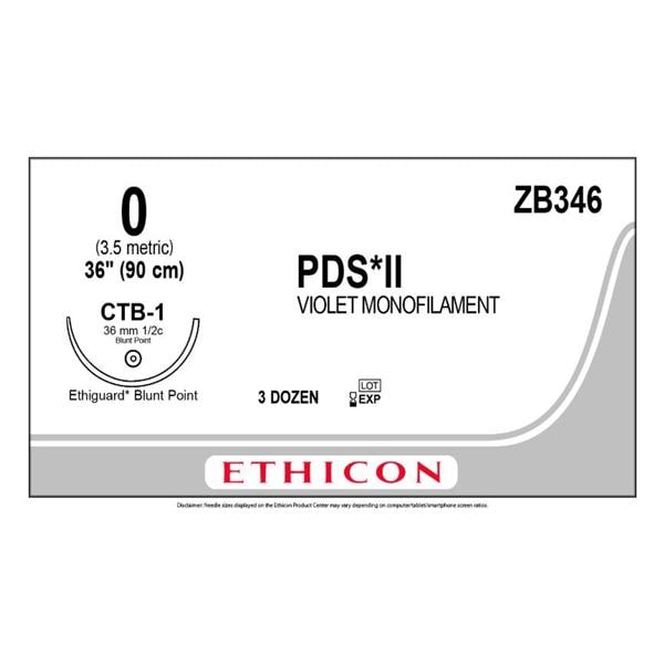 PDS II Suture 0 36" Polydioxanone Monofilament CTB-1 Violet 36/Bx