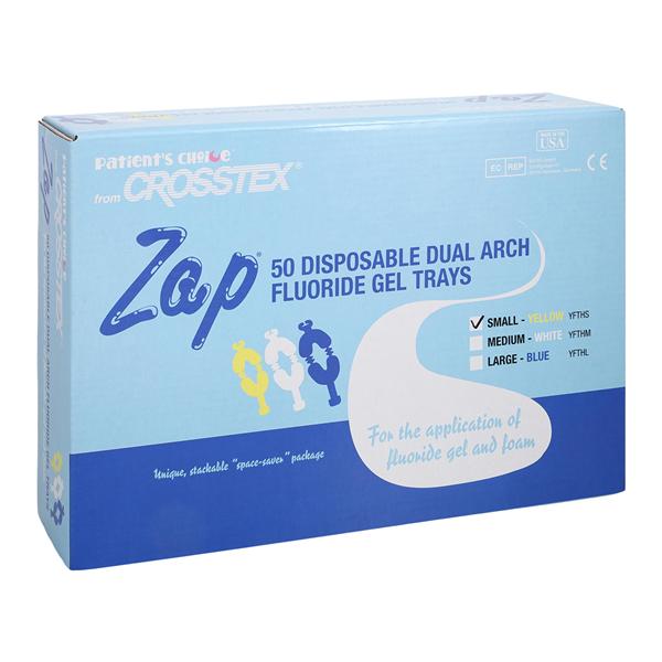 Zap Dual Arch Fluoride Trays Foam Sm w/ Intrlckng Hndls Yellow Disposable 50/Bx