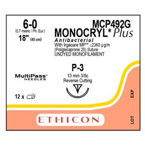 Monocryl Plus Suture 6-0 18" Triclosan/Polyglecaprone 25 Mnflmnt P-3 Undyd 12/Bx