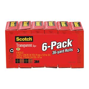 Scotch Transparent Clear Tape 1 in Core 3/4 in x 1296 in 6/Pack 6/Pk