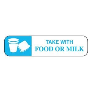 Label Warning Take With Food/Milk Blue/White 1-5/8x3/8" 1000/Rl