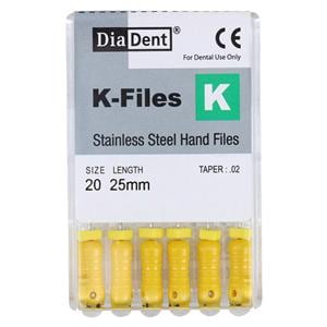 Hand K-File 25 mm Size 20 Stainless Steel Yellow 6/Pk