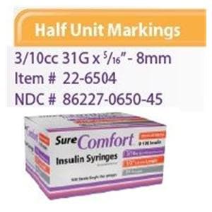 SureComfort Syringe/Needle Insulin 0.3cc 31gx5/16" U-100 Conventional 5x100/Ca