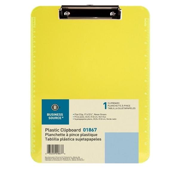 Sparco Plastic Clipboard With Flat Clip 8.5 in x 11 in Neon Green Ea