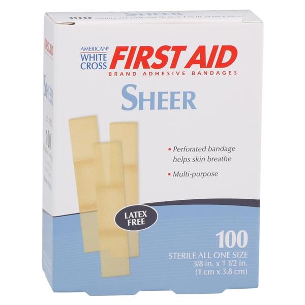 American White Cross Adhesive Strip Bandage Plastic 3/8x1-1/2" Sheer Strl 100/Bx