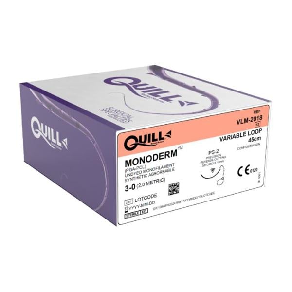 Quill Monoderm Suture 3-0 18" Polyglycolic Acid Monofilament PS-1 Undyed 12/Bx