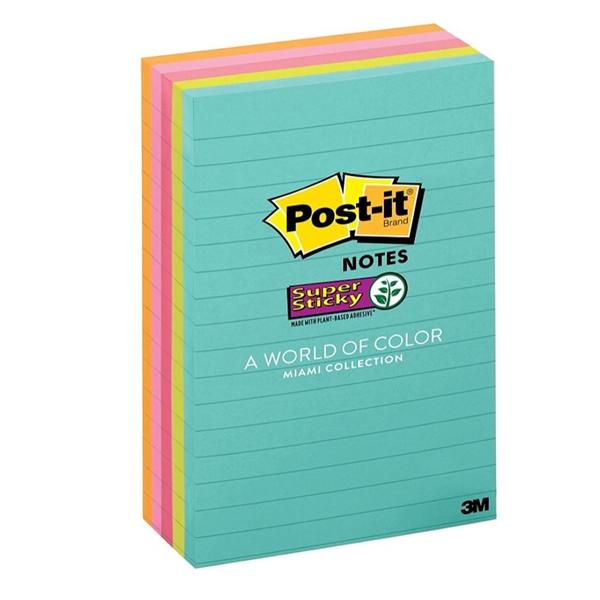 Post it Super Sticky Notes 4x6" Miami Lined 5/Pk 5/Pk