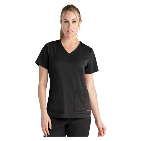 Greys Anatomy Stretch Scrub Top V-Neck 4 Pockets Large Black Womens Ea