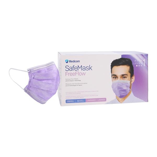 SafeMask FreeFlow Procedure Mask ASTM Level 1 Fog-Free Strip Lav Adult 50/Bx