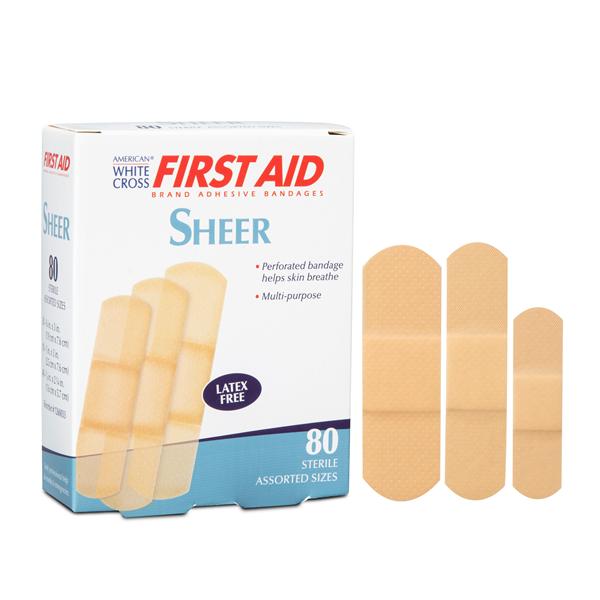 American White Cross Adhesive Bandage Plastic Assorted Sheer Sterile 80/Bx, 24 BX/CA