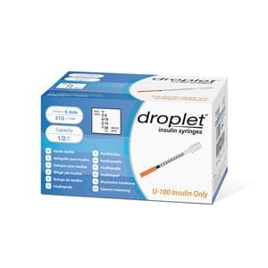 Droplet Insulin Syringe 31gx6mm 0.5mL Protective Cap Low Dead Space 500/Ca