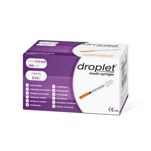 Droplet Insulin Syringe 30gx12.5mm 0.3mL Protective Cap Low Dead Space 500/Ca