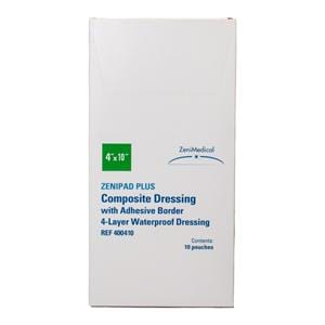 ZeniPAD Plus Cmpst Wound Dressing 4x10 4Lyr Strl Rctngl NAdhr Adh Brdr Wht Abs