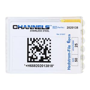 Channels Hand Hedstrom Files 25 mm Size 50 Stainless Steel Yellow 6/Pk