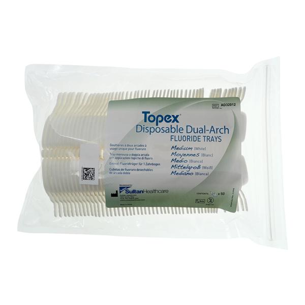 Topex Dual Arch Fluoride Trays Foam Medium W/ Lckng Hndls White Disposable 50/Pk