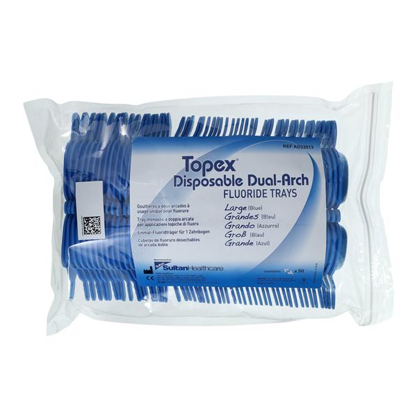 Topex Dual Arch Fluoride Trays Foam Large w/ Lckng Hdls Blue Disposable 50/Pk