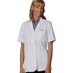 Pharmacy Lab Coat 3 Pockets Short Sleeves 30.25 in Small White Womens Ea