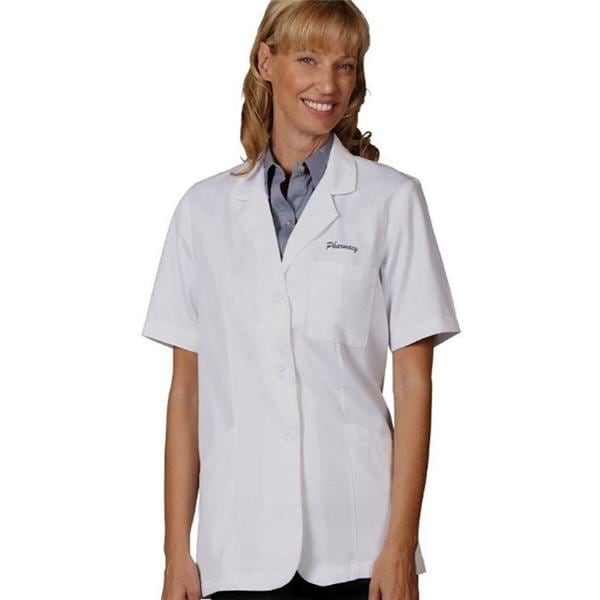 Pharmacy Lab Coat 3 Pockets Short Sleeves 30.25 in Small White Womens Ea