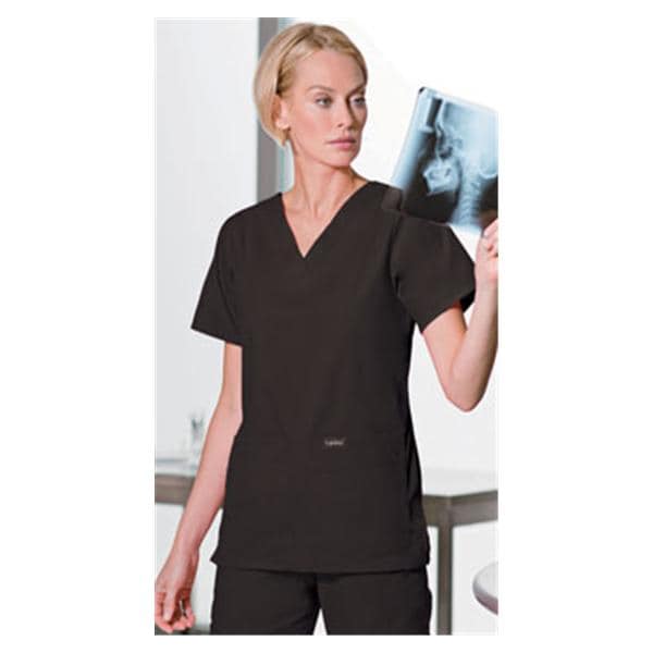 Scrub Shirt V-Neck 4 Pockets Short Sleeves Large Black Womens Ea