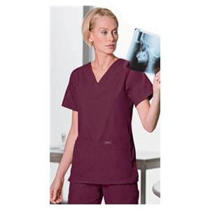 Scrub Shirt V-Neck 4 Pockets Short Sleeves Large Wine Womens Ea