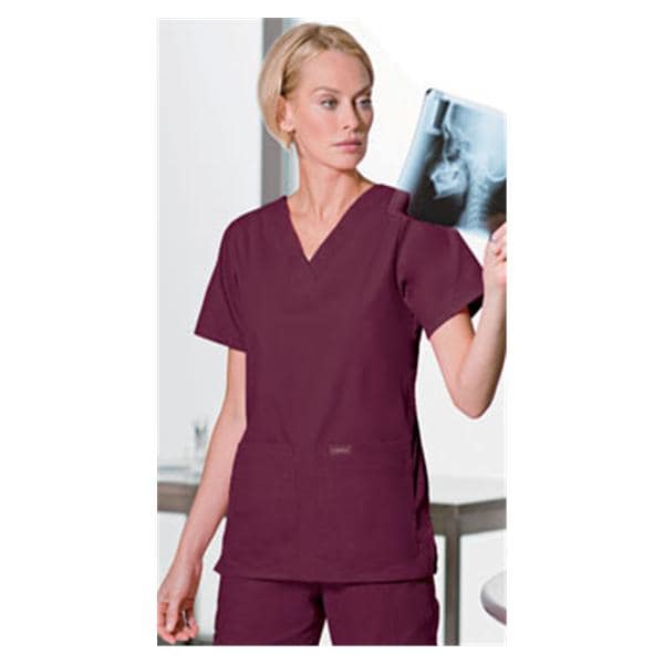 Scrub Shirt V-Neck 4 Pockets Short Sleeves Large Wine Womens Ea