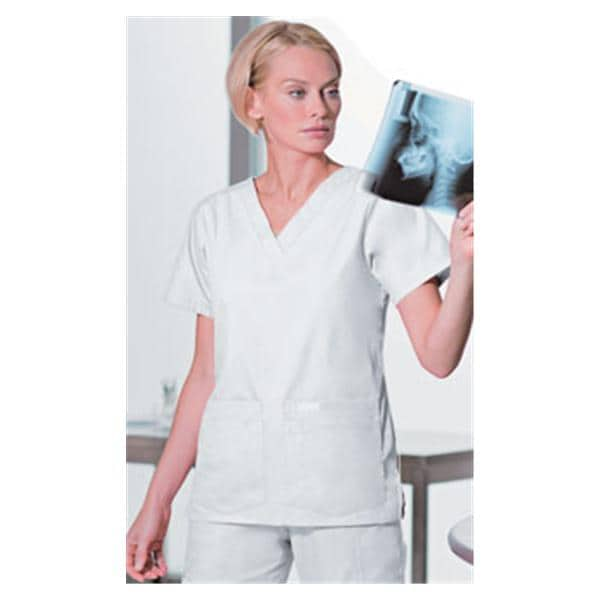 Scrub Shirt V-Neck 4 Pockets Short Sleeves X-Small White Womens Ea