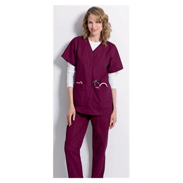 Scrub Shirt V-Neck 4 Pockets Short Sleeves 5X Large Wine Womens Ea