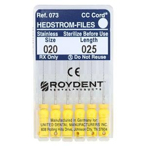 Zipperer Hand Hedstrom Files 25 mm Size 20 Stainless Steel Yellow 6/Bx