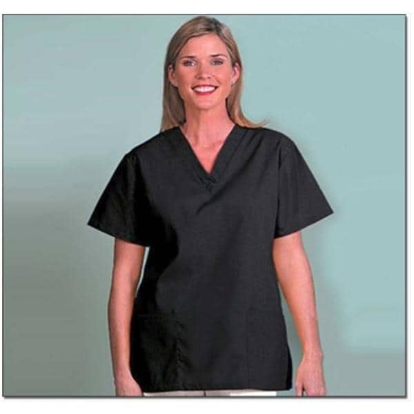 Scrub Shirt V-Neck 2 Pockets Set-In Short Sleeves X-Small Black Womens Ea