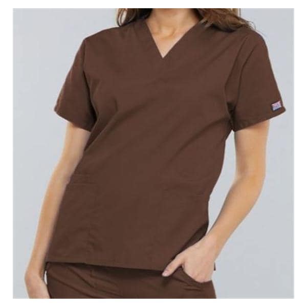 Cherokee Scrub Shirt V-Neck 3 Pockets Short Sleeves Large Chocolate Womens Ea