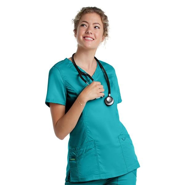 Mock Wrap Scrub Top V-Neck Tunic 3 Pockets Womens Ea