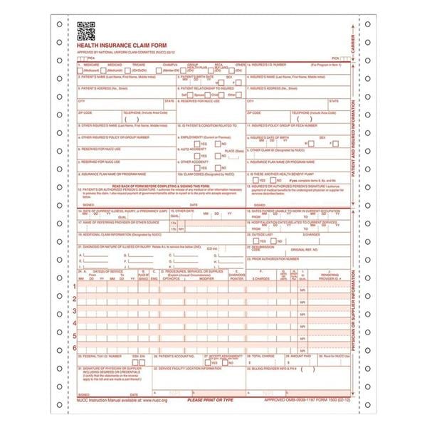 Insurance Claim Forms CMS-1500 2012 1-Part Continuous 8.5"x11" White 1000/Pk