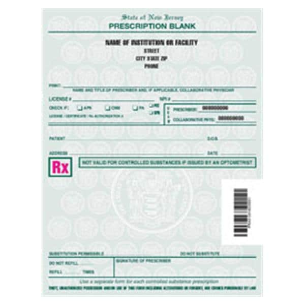 Healthcare Facility Prescription Pads New Jersey 1-Part Vertical 8/Bx