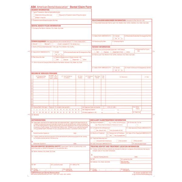 American Dental Association Insurance Claim Forms 2019 1-Part 8.5x11 Red 100/Pk