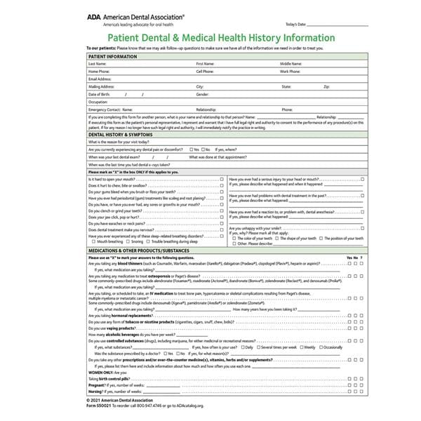 ADA Health History Forms 2021 2 Sided Paper White 8.5 in x 11 in 100/Pk