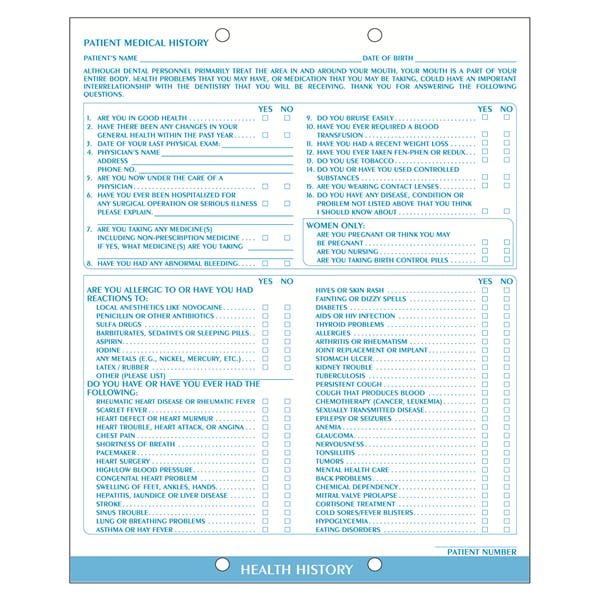 Clinical Record Dental Chart Health History 2 Sided White 100/Pk