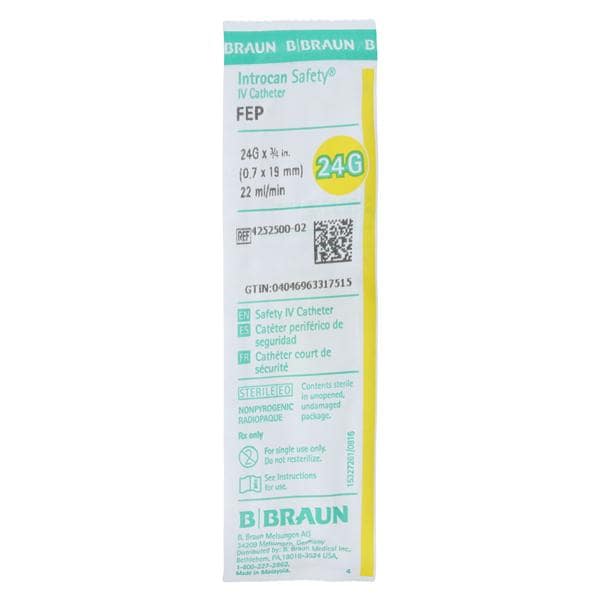 Introcan Safety IV Catheter Safety 24 Gauge 3/4" Yellow Straight Ea