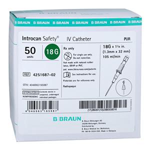 Introcan Safety IV Catheter Safety 18 Gauge 1-1/4" Green Straight 50/Bx