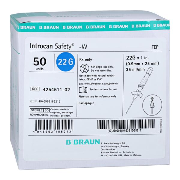 Introcan Safety IV Catheter Safety 22 Gauge 1" Blue 50/Bx, 4 BX/CA