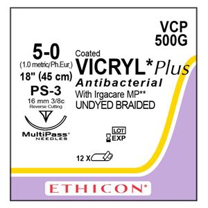 Coated Vicryl Plus Suture 5-0 18" Triclosan/Polyglactin 910 Brd PS-3 Undyd 12/Bx