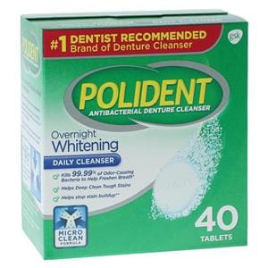 Polident Denture Cleanser Overnight Whitening Triple Mint Fresh Tablets 40/Bx, 12 BX/CA