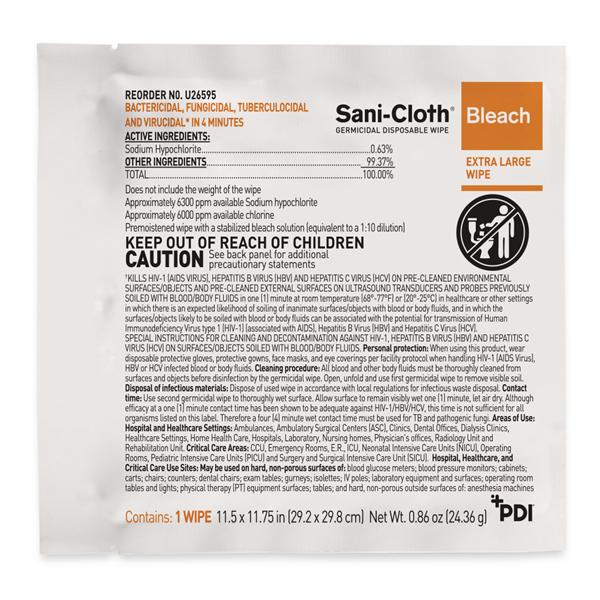 Sani-Cloth Bleach Germicidal Wipes X-Large Individual Packets 40/Bx, 3 BX/CA