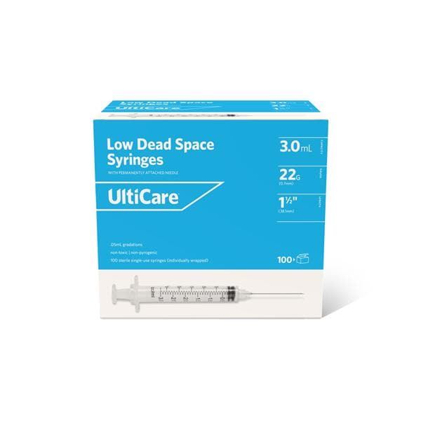 UltiCare _ Syringe/Needle 22gx1-1/2" 3mL Fixed Prm Atch Ndl Cnvntnl LDS 100/Bx