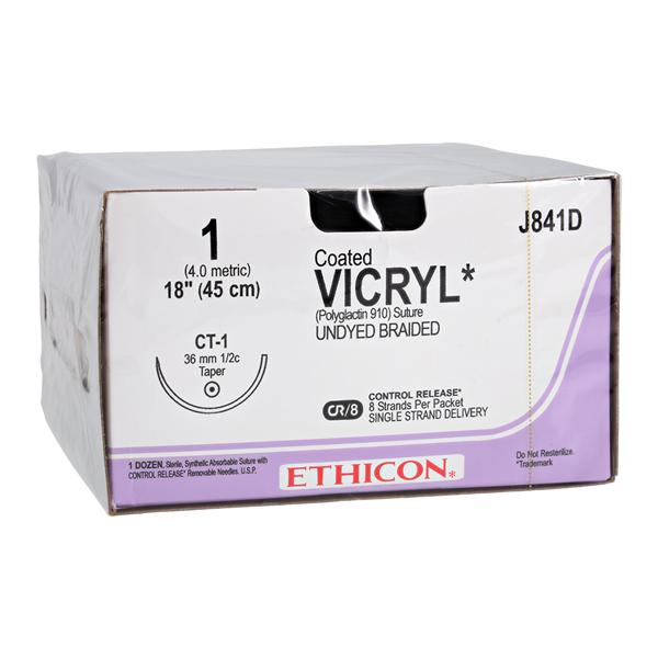 Vicryl Suture 1 8-18" Polyglactin 910 Braid CT-1 Undyed 12/Bx