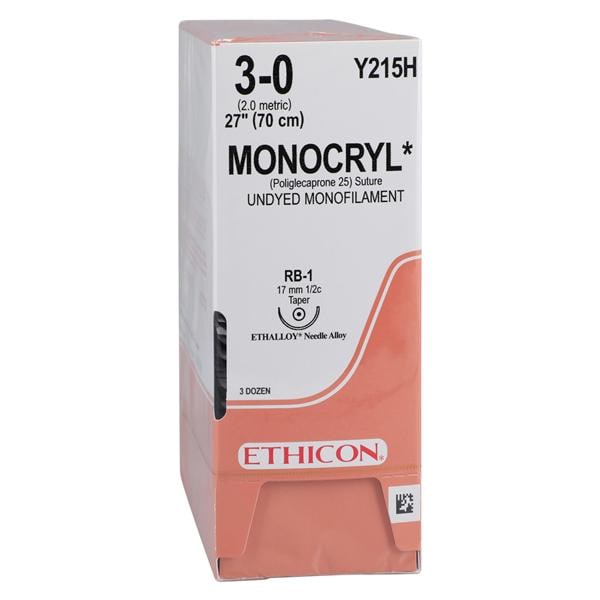 Monocryl Suture 3-0 27" Poliglecaprone 25 Monofilament RB-1 Undyed 36/Bx