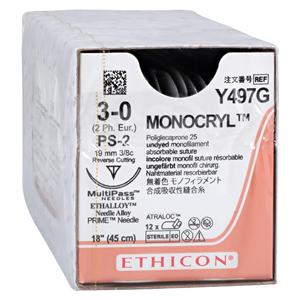 Monocryl Suture 3-0 18" Poliglecaprone 25 Monofilament PS-2 Undyed 12/Bx