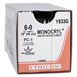 Monocryl Suture 6-0 18" Poliglecaprone 25 Monofilament PC-1 Undyed 12/Bx