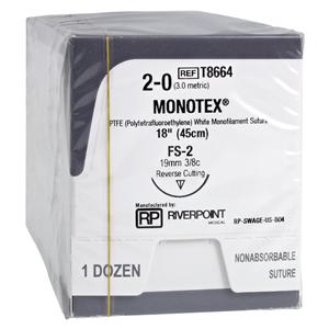 Monotex Suture 2-0 18" Dense Polytetrafluoroethylene Monofilament FS-2 Wht 12/Bx