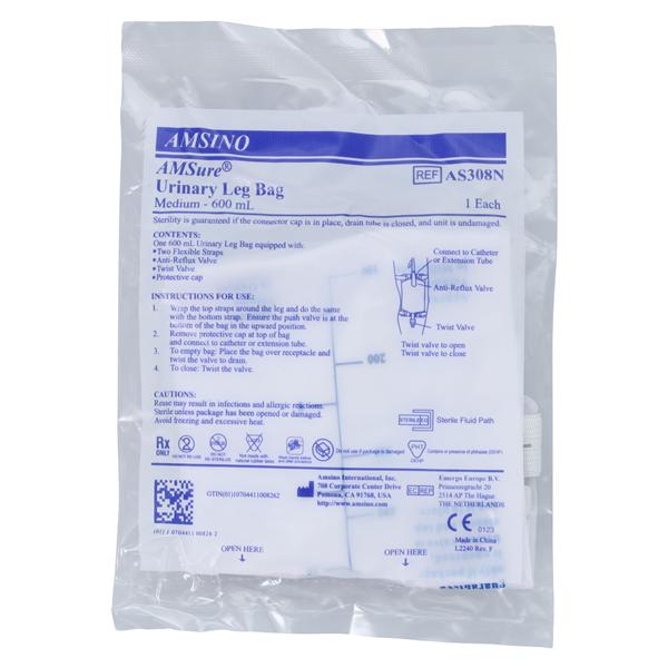 AMSure Urinary Leg Bag 600mL Disposable Twist Turn Anti-Reflux Valve